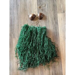 Vintage Hawaiian Raffia Grass Skirt Coconut Shell Bra Luau Costume Set Dancer